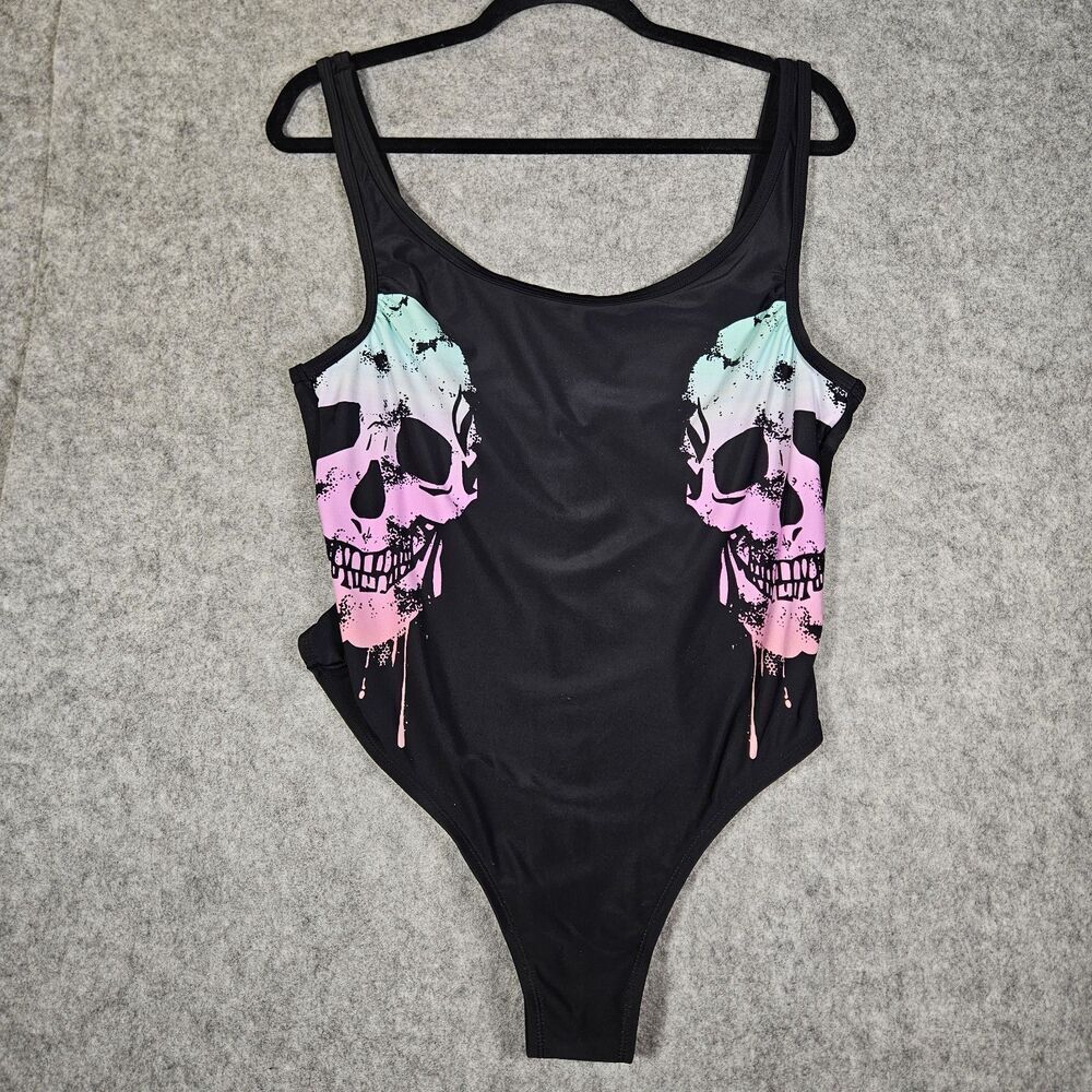 NWT Midnight Hour Black + Ombre Skull Goth Alt Metal One‎ Piece Swimsuit 0 (12)